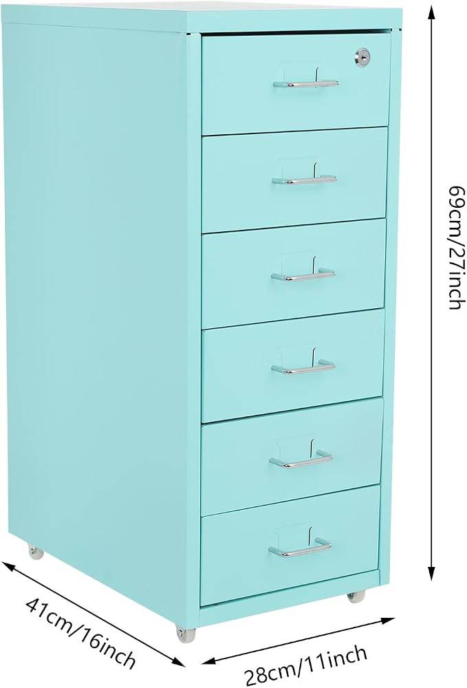 Vertical File Cabinet, 6 Drawers Rolling File Organizer Cabinets with Lock, Heavy Duty Metal Storage Cabinet, Movable Under Desk Filing Cabinet for Office, Study, Dresser (Blue)