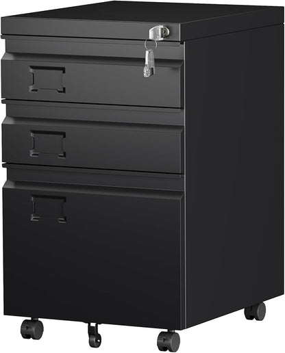 METAN Metal 3 Drawer Mobile File Cabinet with Lock, Under Desk Metal Filing Cabinet for Legal/Letter File, Need Assembley, Black