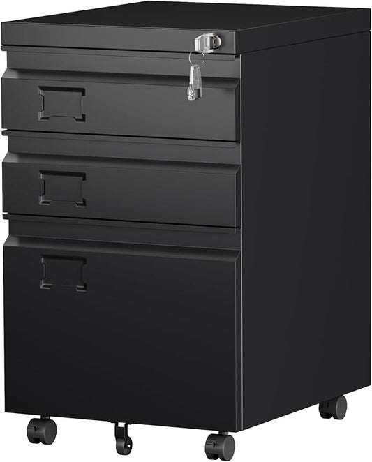 METAN Metal 3 Drawer Mobile File Cabinet with Lock, Under Desk Metal Filing Cabinet for Legal/Letter File, Need Assembley, Black