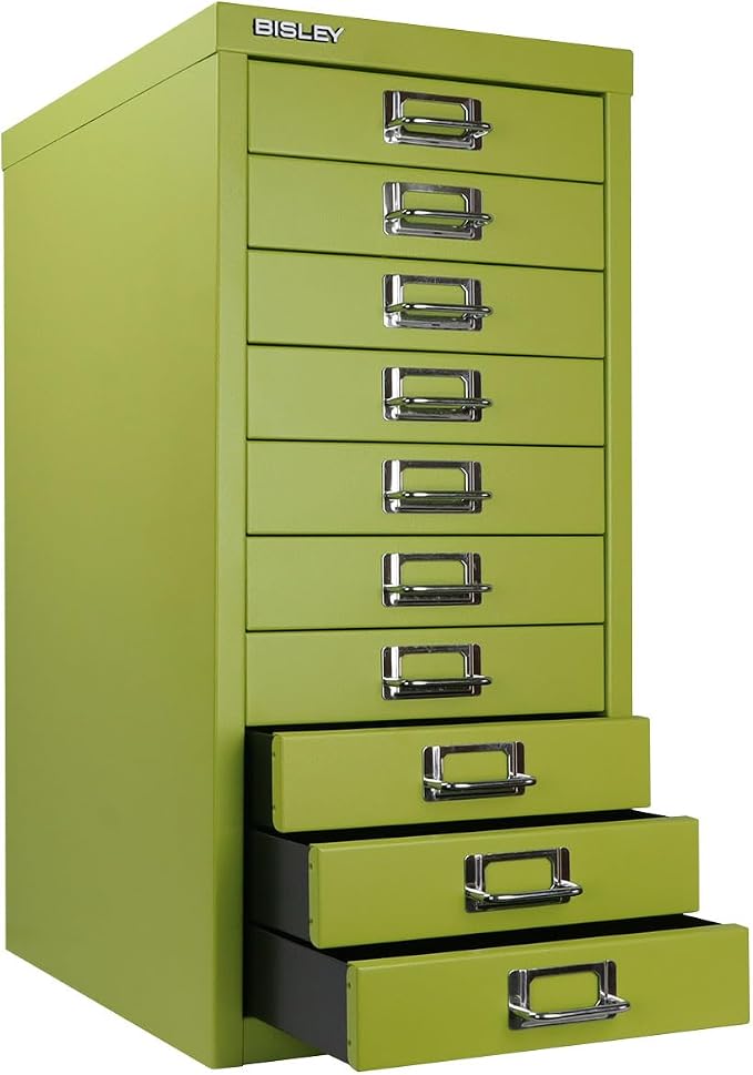 10-Drawer Steel MultiDrawer Cabinet - Green, by Bisley | Chrome Pull Handles with Label Holders, Powder-Coated Steel, Removable Drawers, Fits Under Most Desks, Labels Included