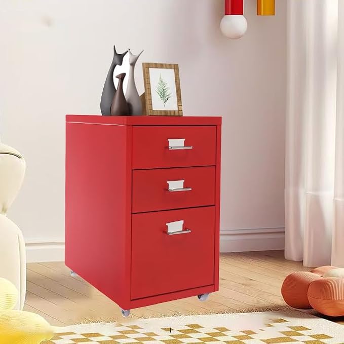 3-Drawer Mobile File Cabinet, Metal Filing Storage Cabinet with Wheels Small Nightstand Under Desk Organizer for Home Office (Red)