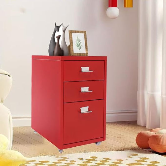 3-Drawer Mobile File Cabinet, Metal Filing Storage Cabinet with Wheels Small Nightstand Under Desk Organizer for Home Office (Red)