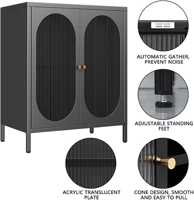 2 Translucent Door Metal Accent Storage Cabinet-Locker Cabinet for Office Room,Garage-Metal Storage Cabinet with 1 Adjustable Shelves(Translucent Door, Black)
