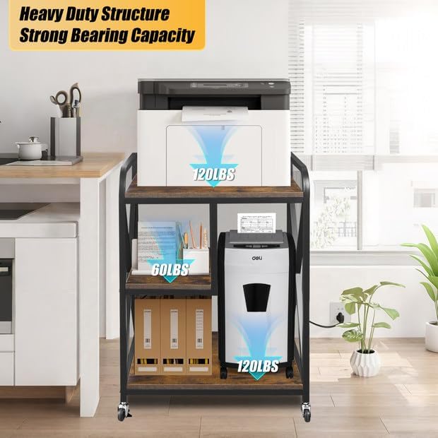 Extra Large Printer Stand, X-shaped Printer Stand with Storage, 2 Feet Width x 1.4 Feet Depth x 2.7 Feet Height, Mobile Printer Table with Wheels for Home Office, Printer and Shredder, Bearing 300 LBS