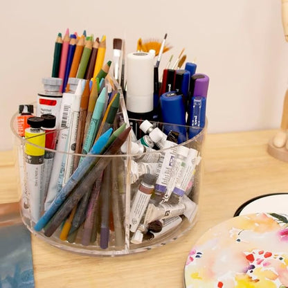 Craftelier - Pen Holder for Desk, Clear Acrylic 360 Degree Spinning Organizer With 6 Storage Slots with Carry Handle and 7.87" (20 cm) Diameter, Ideal for Home, School & Office Supplies