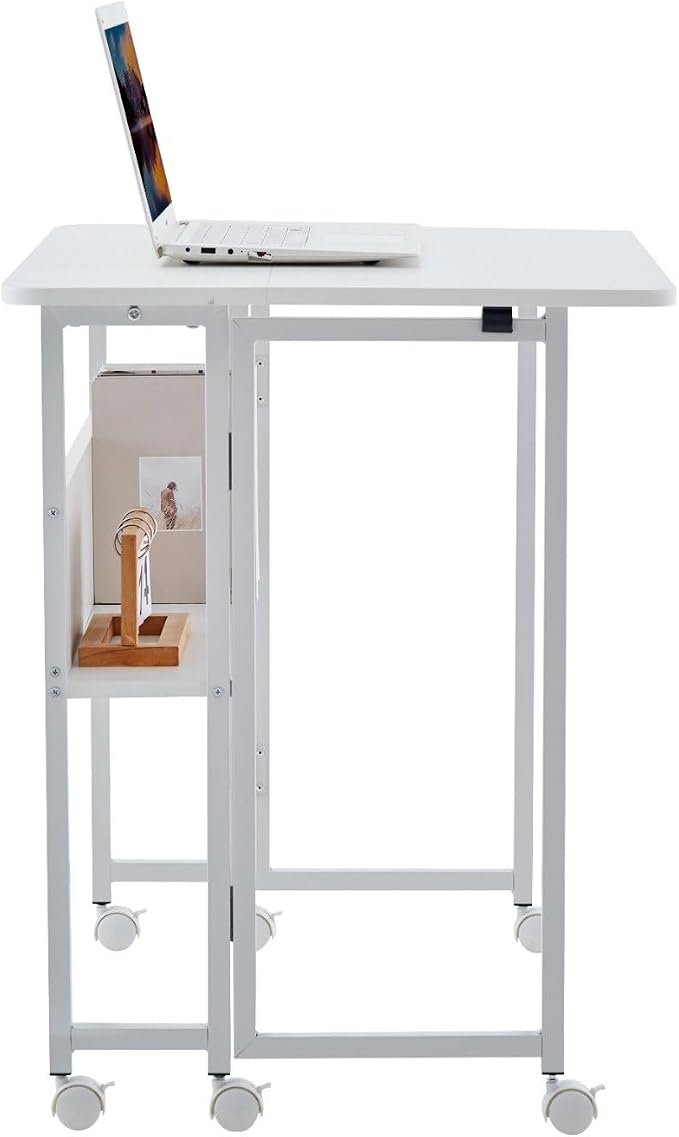 Folding Computer Desk with Wheels, 31.5" Space Saving Writing Table for Small Spaces, Portable Home Office Workstation, Foldable Laptop Desk with Storage Shelf