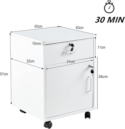 OFCASA 2 Drawer File Cabinet with Lock, Small Rolling Filing Cabinets for Home Office, Wood Under Desk File Cabinet with Wheels, Mobile Storage Organizer, Printer Stand for Letter/Legal, White