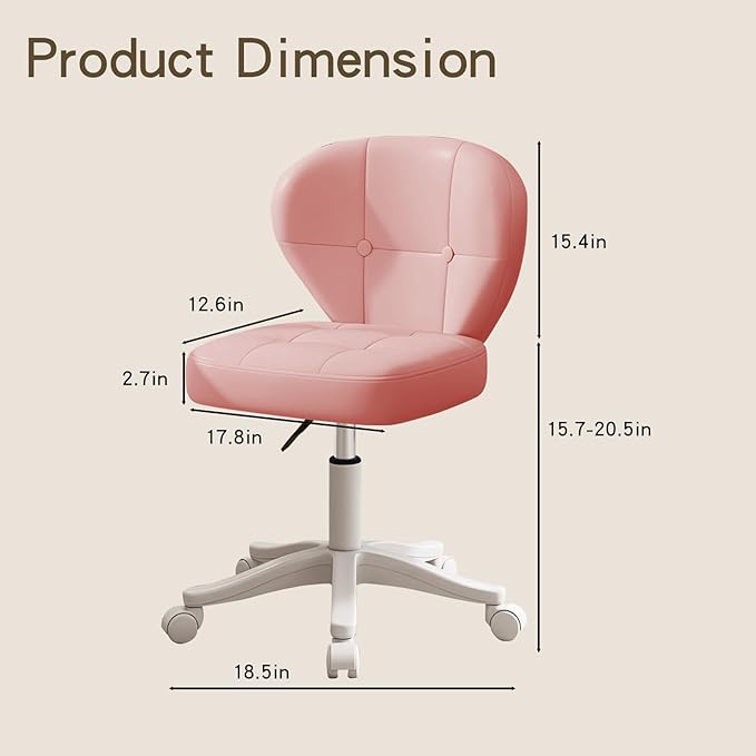 Vanity Chair with Back – Small Armless Office Chair with Wheels, Lumbar Support, PU Leather, Adjustable Height, 360° Swivel for Home, Bedroom, Office (Pink Set of 2)