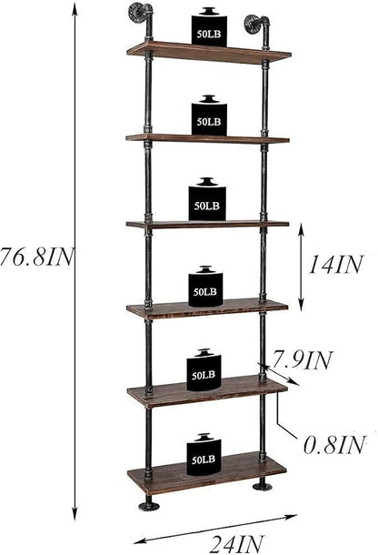 Industrial Pipe Bookshelves Rustic Wall Ladder Bookshelf Display Storage Stand Shelf Bookcase for Living Room, Kitchen, Office (6 Tier)