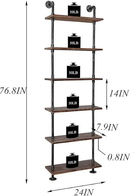 Industrial Pipe Bookshelves Rustic Wall Ladder Bookshelf Display Storage Stand Shelf Bookcase for Living Room, Kitchen, Office (6 Tier)