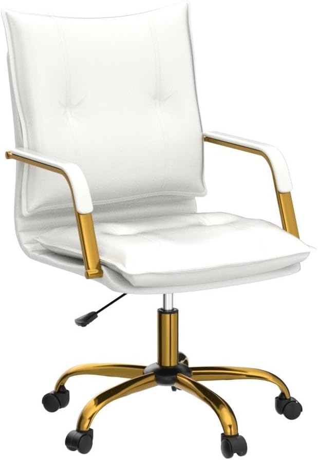 HULALA HOME Faux Leather Home Office Desk Chair, Adjustable Swivel Computer Chair with Golden Legs and Arms, Comfy Upholstered Task Chair, White