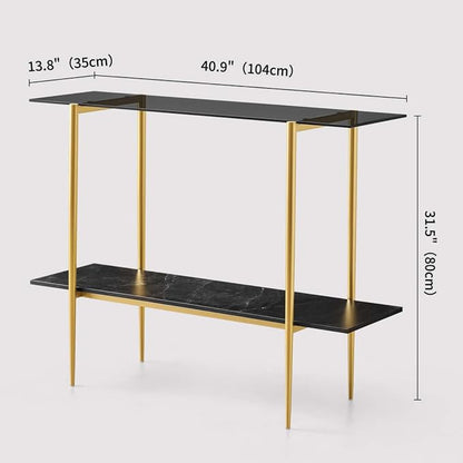 LumFurn Glass Console Table for Living Room, Foyer & Entrance, 2-Tiers Mid-Century Modern Sofa Table with Grey Glass Top, Black Marble Finish Wood Shelf and Gold Finish Frame
