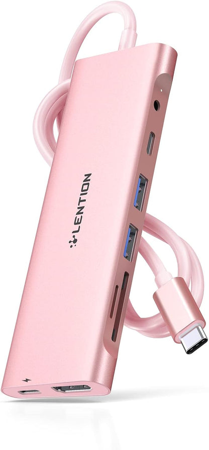 LENTION 3.3FT Long Cable USB C Hub with 4K HDMI, 100W PD, USB 3.0 A&C Data, Card Reader&LED Indicator for MacBook Pro/Air, Dell XPS, HP, Chromebook, Stable Driver Adapter (C37-1M, Rose Gold)