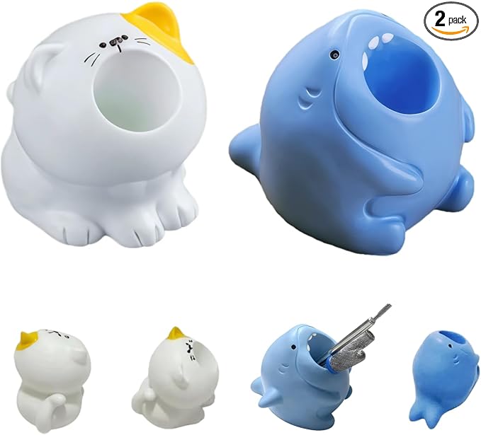 Cute Nail Drill Bit Holder, Nail Art Pen Brush Wash Cup, Small Pen Pencil Holder, Kawaii Resin Animal Paper Clip Toothbrush Mini Storage Organizer Office Desk Decorations (Shark+Cat, S)