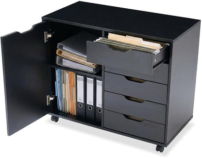 OLIXIS Under Desk Mobile File Cabinet, MDF Rolling Printer Storage Cabinet with 5 Drawers & Side Cabinet, Smooth Gliding Office Storage Organizer for Home Office, Black