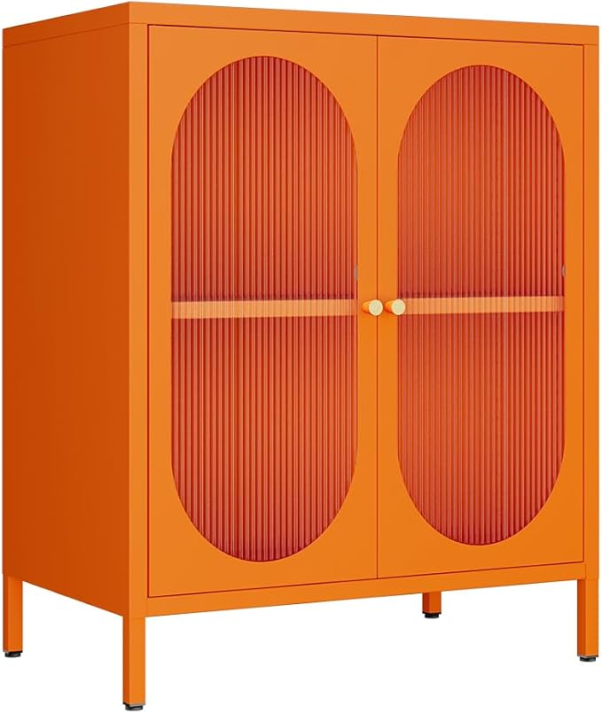 2 Translucent Door Metal Accent Storage Cabinet for Home,Office Room,Kitchen-Metal Locker Cabinet with 1 Adjustable Shelves-2-Tier (Translucent Door Cabinet, Orange)