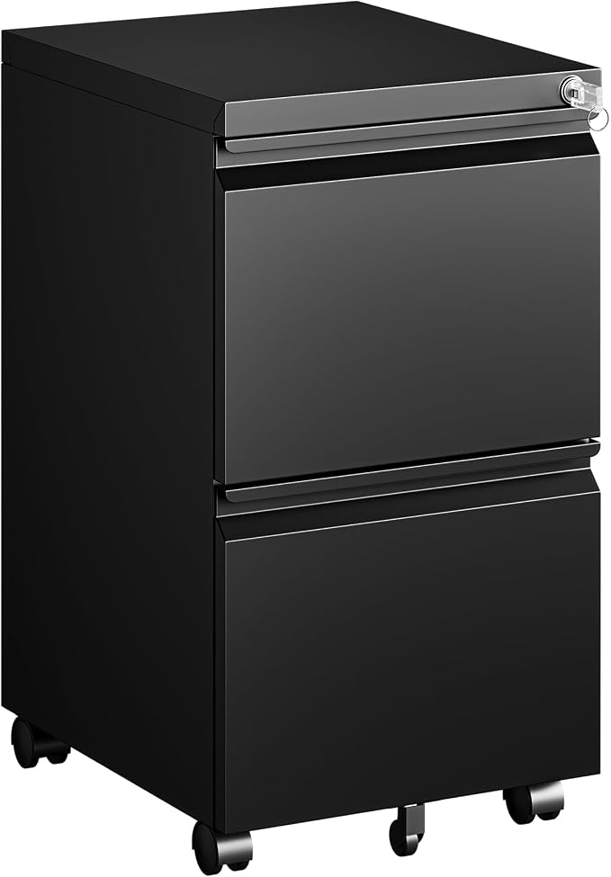 PEUKC 2 Drawers Mobile File Cabinet with Lock, Under Desk Rolling File Cabinet for Home Office, Organizes Letter Legal A4 Files, Black(Pre-Assembled)
