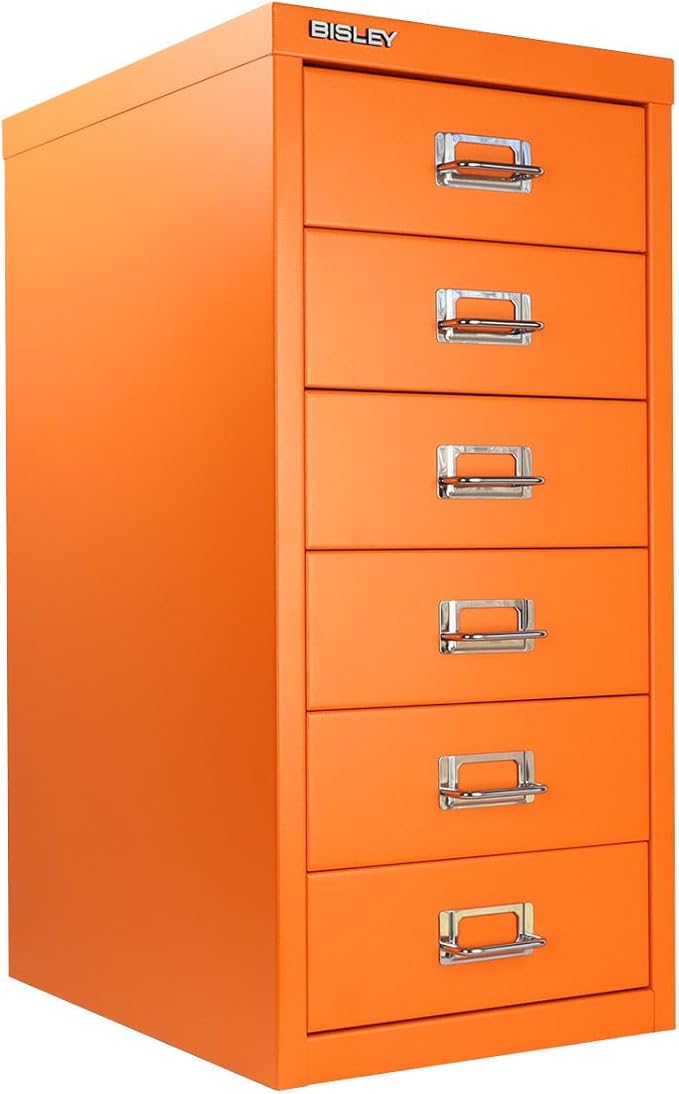 6-Drawer Steel MultiDrawer Cabinet - Orange, by Bisley | Chrome Pull Handles with Label Holders, Powder-Coated Steel, Removable Drawers, Fits Under Most Desks, Labels Included