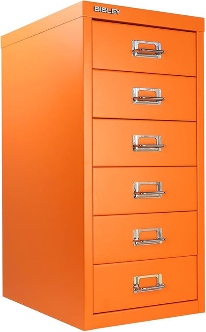 6-Drawer Steel MultiDrawer Cabinet - Orange, by Bisley | Chrome Pull Handles with Label Holders, Powder-Coated Steel, Removable Drawers, Fits Under Most Desks, Labels Included