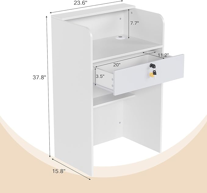 OmySalon Reception Desk with Counter, Small Front Desk w/Lockable Drawer, Wooden Modern Reception Table for Salon Lobby Office Home (White, 24)