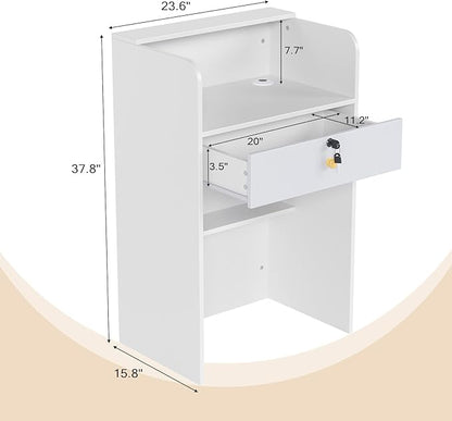OmySalon Reception Desk with Counter, Small Front Desk w/Lockable Drawer, Wooden Modern Reception Table for Salon Lobby Office Home (White, 24)
