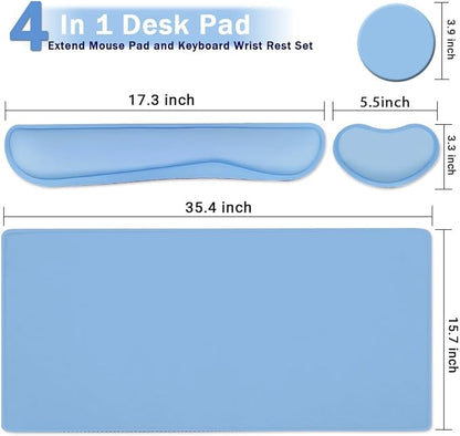 Large Keyboard Mouse Pad Set, Extended Mouse Pad+Keyboard Wrist Rest Support, Memory Foam Ergonomic Easy Typing, 4Pcs (35.4×15.14 in) Desk Pad Set for Home Office Study Game - Blue