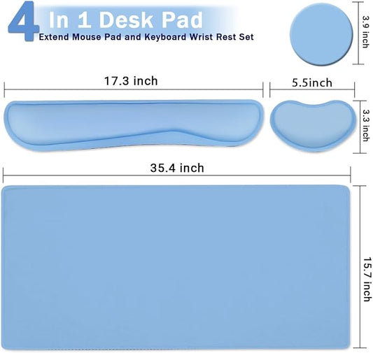 Large Keyboard Mouse Pad Set, Extended Mouse Pad+Keyboard Wrist Rest Support, Memory Foam Ergonomic Easy Typing, 4Pcs (35.4×15.14 in) Desk Pad Set for Home Office Study Game - Blue