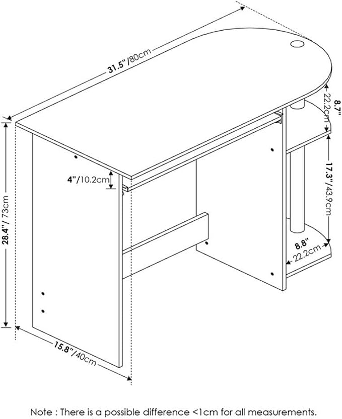 Pemberly Row Computer Desk, 31.5 in Wide, Composite Wood and Stainless Steel Tubes, White Finish, Pull-Out Keyboard Drawer, Dual Shelves, Compact Home Office or Bedroom Workspace
