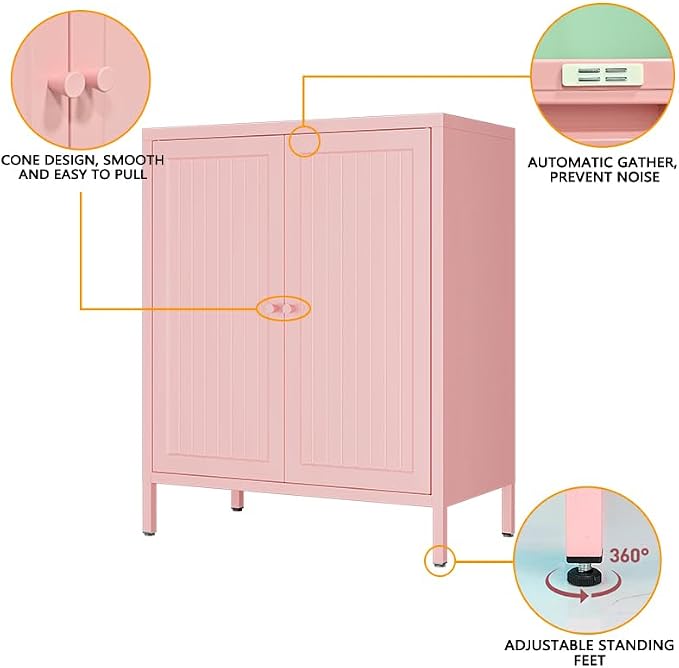2 Door Metal Storage Cabinet-Small Bathroom Storage Cabinet with 1 Adjustable Shelf,Freestanding Sideboard for Home Office, Living Room, Hallway, Entryway (Striped Door, Pink)