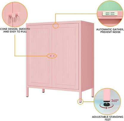 2 Door Metal Storage Cabinet-Small Bathroom Storage Cabinet with 1 Adjustable Shelf,Freestanding Sideboard for Home Office, Living Room, Hallway, Entryway (Striped Door, Pink)