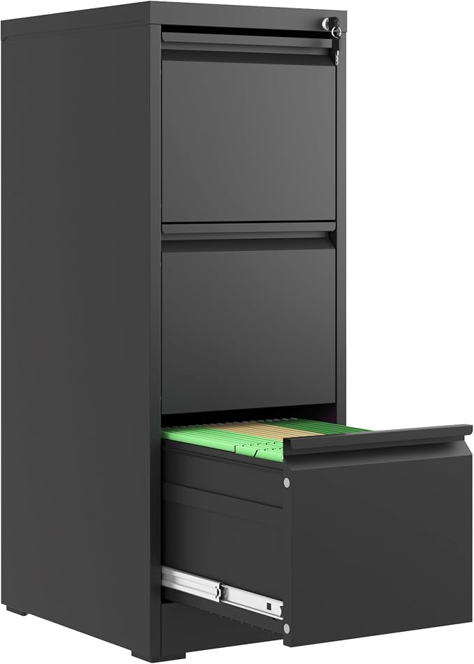 File Cabinet 3 Drawer with Lock, Vertical Filing Cabinets for Home Office, Metal Steel Storage Cabinet for Letter/Legal Size File, Assembly Required(Black)