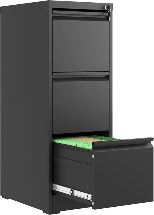 File Cabinet 3 Drawer with Lock, Vertical Filing Cabinets for Home Office, Metal Steel Storage Cabinet for Letter/Legal Size File, Assembly Required(Black)