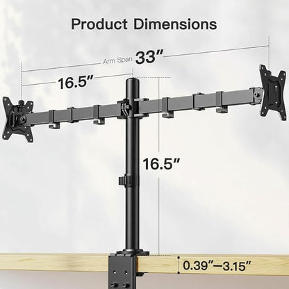 ErGear Dual Monitor Desk Mount for 13″–34″ Monitors up to 26.5 lbs, Fully Adjustable Monitor Stand Holds 2 Computer Screens, Heavy-Duty Dual Monitor Arm with C-Clamp & Grommet Base, Black, EGCM13B