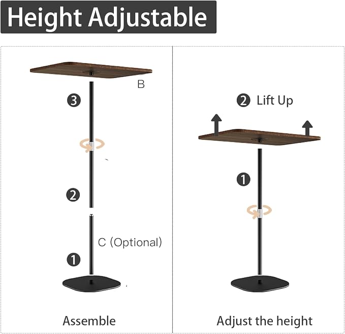 Small Laptop Standing Desk, Adjustable Height Pedestal End Table with Wooden Top, Portable Tall Side Table Workstation, Sit-Stand Desks for Bedside,Sofa,Couch, Living Room, Bedroom, Home Office, Brown