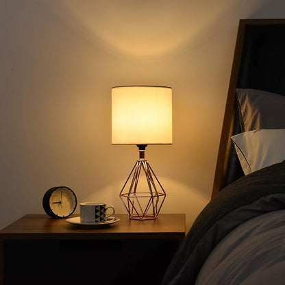 Rose Gold Bedside Table Lamp,Modern Small Desk Lamp with TC Fabric Shade Geometric Metal Base for Kids Living Room Bedroom Nightstand