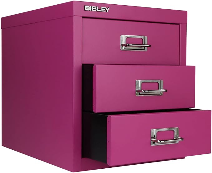 Bisley 3-Drawer Steel MultiDrawer Cabinet - Fuchsia | Chrome Pull Handles with Label Holders, Powder-Coated Steel, Removable Drawers, Desktop Storage, Labels Included