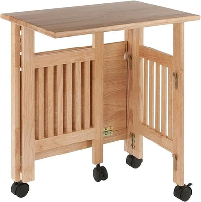 Pemberly Row Portable Foldable Printer Stand, Solid Wood Construction, Natural Finish, 27.17"H x 24.02"W x 16.22"D, Swivel Casters with Locking Wheels, Transitional Style Home Office or Kitchen Use