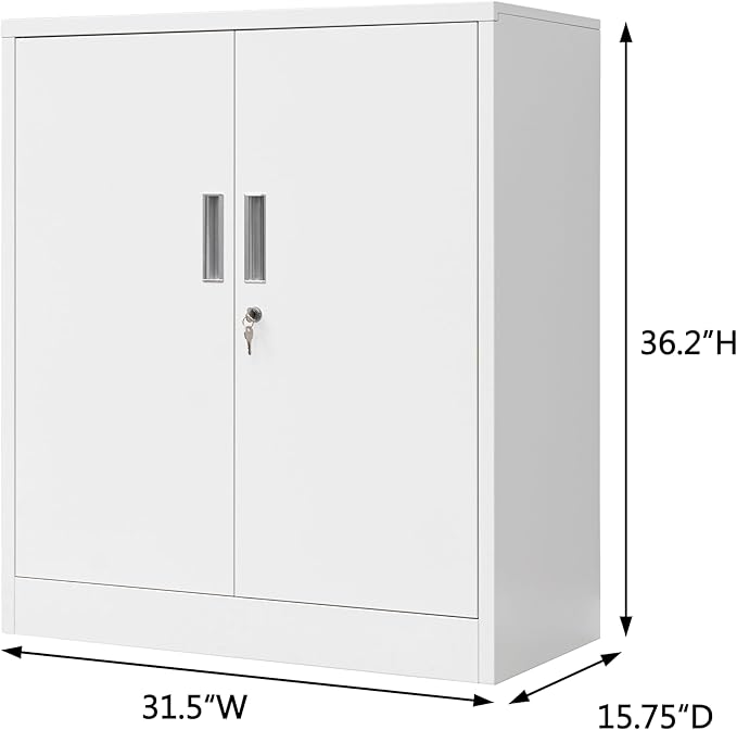 Wanfu Metal Storage Cabinet, 36" H Locking Storage Cabinet with 2 Adjustable Shelves for Garage, Home, Office, Utility Room-White
