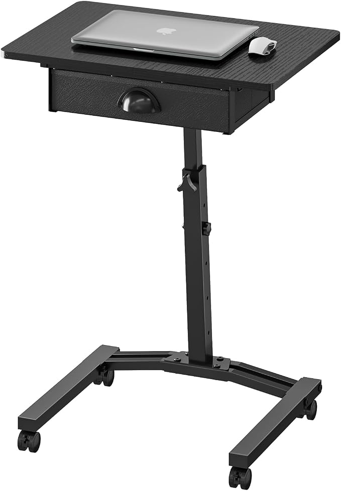 Rolling Adjustable Height Standing Desk With Drawers, Small Mobile Laptop Desk Cart On Wheels For Small Spaces Home Office, Portable Sitting Laptop Table For Bed Couch Load Up To 60LBS, Sturdy, Black