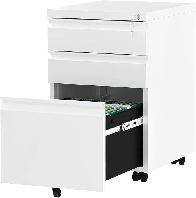 YITAHOME 3-Drawer Rolling Filing Cabinet Office Drawers, Lockable Office Storage Cabinet with Hanging Bars and Pencil Tray, Pre-Assembled Metal File Storage Under Desk (White)