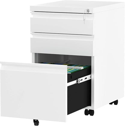 YITAHOME 3-Drawer Rolling Filing Cabinet Office Drawers, Lockable Office Storage Cabinet with Hanging Bars and Pencil Tray, Pre-Assembled Metal File Storage Under Desk (White)
