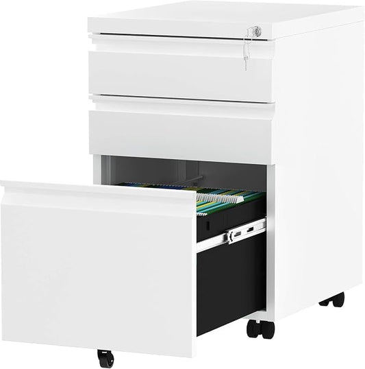 YITAHOME 3-Drawer Rolling Filing Cabinet Office Drawers, Lockable Office Storage Cabinet with Hanging Bars and Pencil Tray, Pre-Assembled Metal File Storage Under Desk (White)