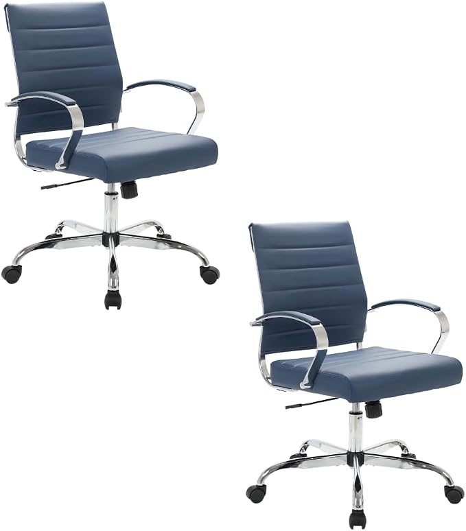 LeisureMod Benmar Leather Office Desk Chair, Mid-Back Ergonomic Swivel Chair with Lumbar Support, Adjustable Height, Tilt Lock, Cushioned Seat & Back, Home Office Task Chair (Navy Blue, Set of 2)