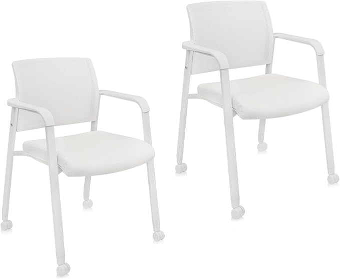 CLATINA Mesh Back Guest Reception Stacking Chair with Wheels, Waiting Room Stackable Chairs with Upholstered Leather Seat & Ergonomic Lumbar Support for Office Conference School Lobby, White, 2 Pack