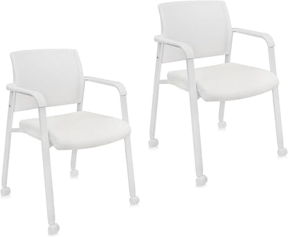 CLATINA Mesh Back Guest Reception Stacking Chair with Wheels, Waiting Room Stackable Chairs with Upholstered Leather Seat & Ergonomic Lumbar Support for Office Conference School Lobby, White, 2 Pack