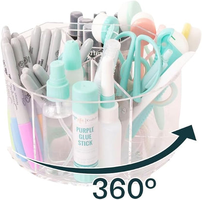Craftelier - Pen Holder for Desk, Clear Acrylic 360 Degree Spinning Organizer With 6 Storage Slots with Carry Handle and 7.87" (20 cm) Diameter, Ideal for Home, School & Office Supplies