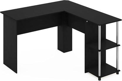 Furinno Abbott L-Shape Computer Desk with Stainless Steel Tubes Bookshelf, Americano/Chrome