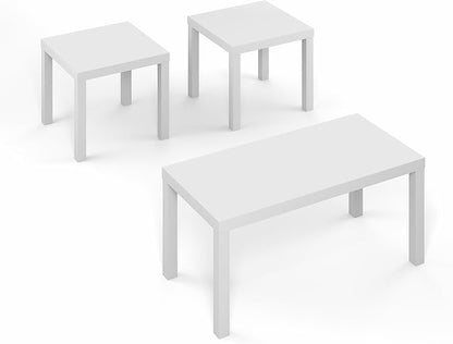 Furinno Classic Living Room Table Set of 3, Modern 1.8 Inch Thick Tabletop Rectangle Coffee Table with 2 Side Tables, End Tables, for Living Room, Home Office, White