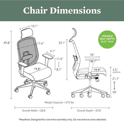 HON Altern Ergonomic Office Chair with Headrest, Mid‑Back Mesh Desk Chair, Adjustable Arms, Seat Slide, Synchro‑Tilt, Rolling Computer Seat for Home Office, Black Frame, Fog
