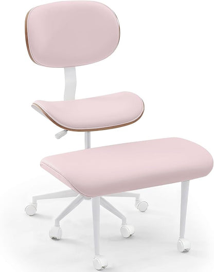 Bestier Ergonomic Cross Legged Office Chair for Women, Meditation Chair with Wider Back Support for Adults, 360° Swivel Office Chair with Wheels, Adjustable Height for ADHD Girl Pink PU Leather